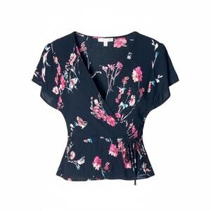 Wild jasmine Black floral V-neck blouse top shirt size medium M B160